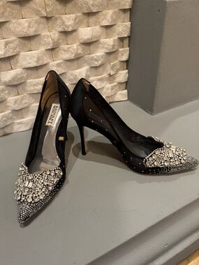 Badgley Mischka Black Crystal Pointed Mesh Stiletto Pumps